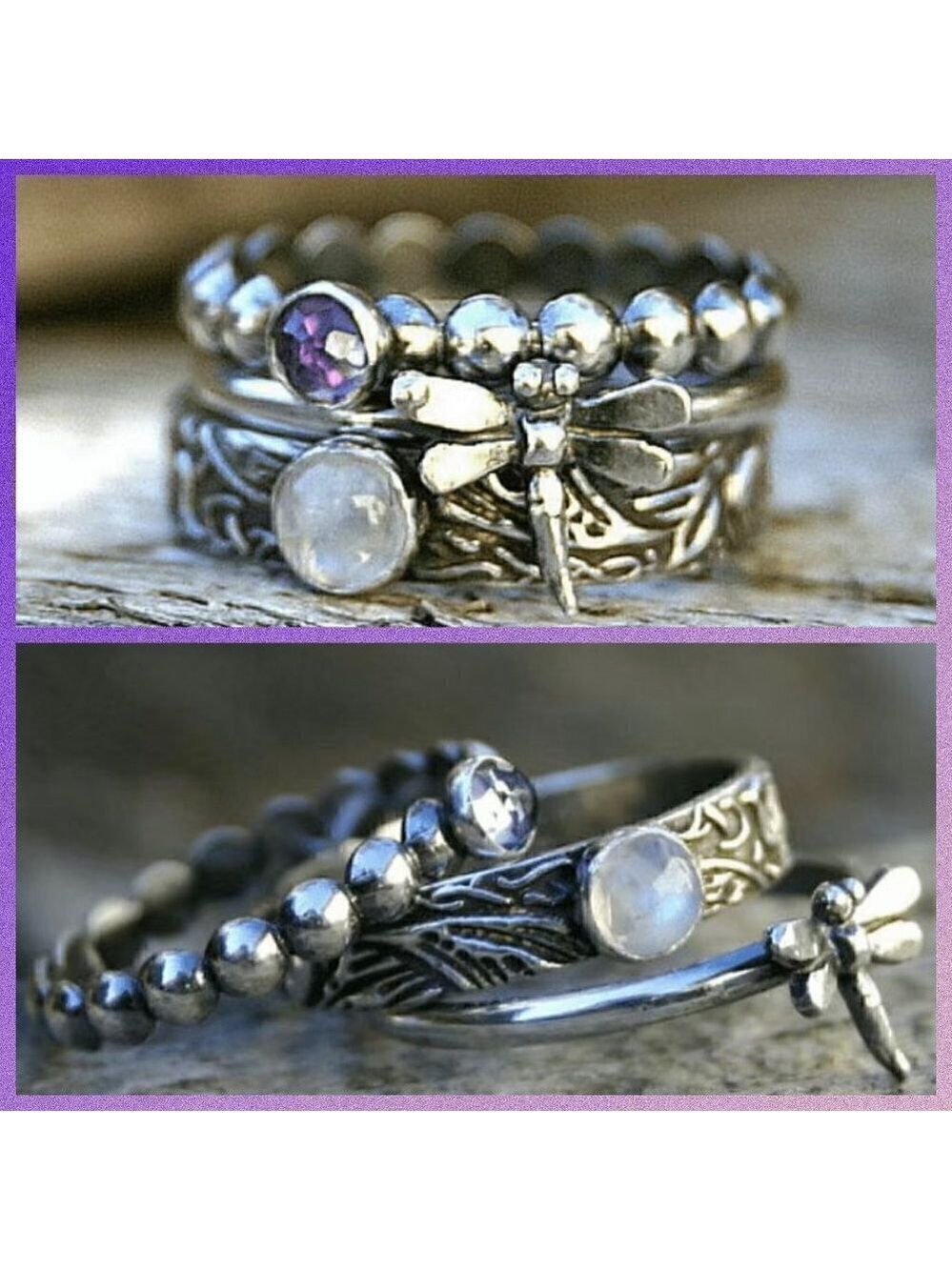 3 Layered Set Boho Dragonfly and Flower Stackable Ring #1119